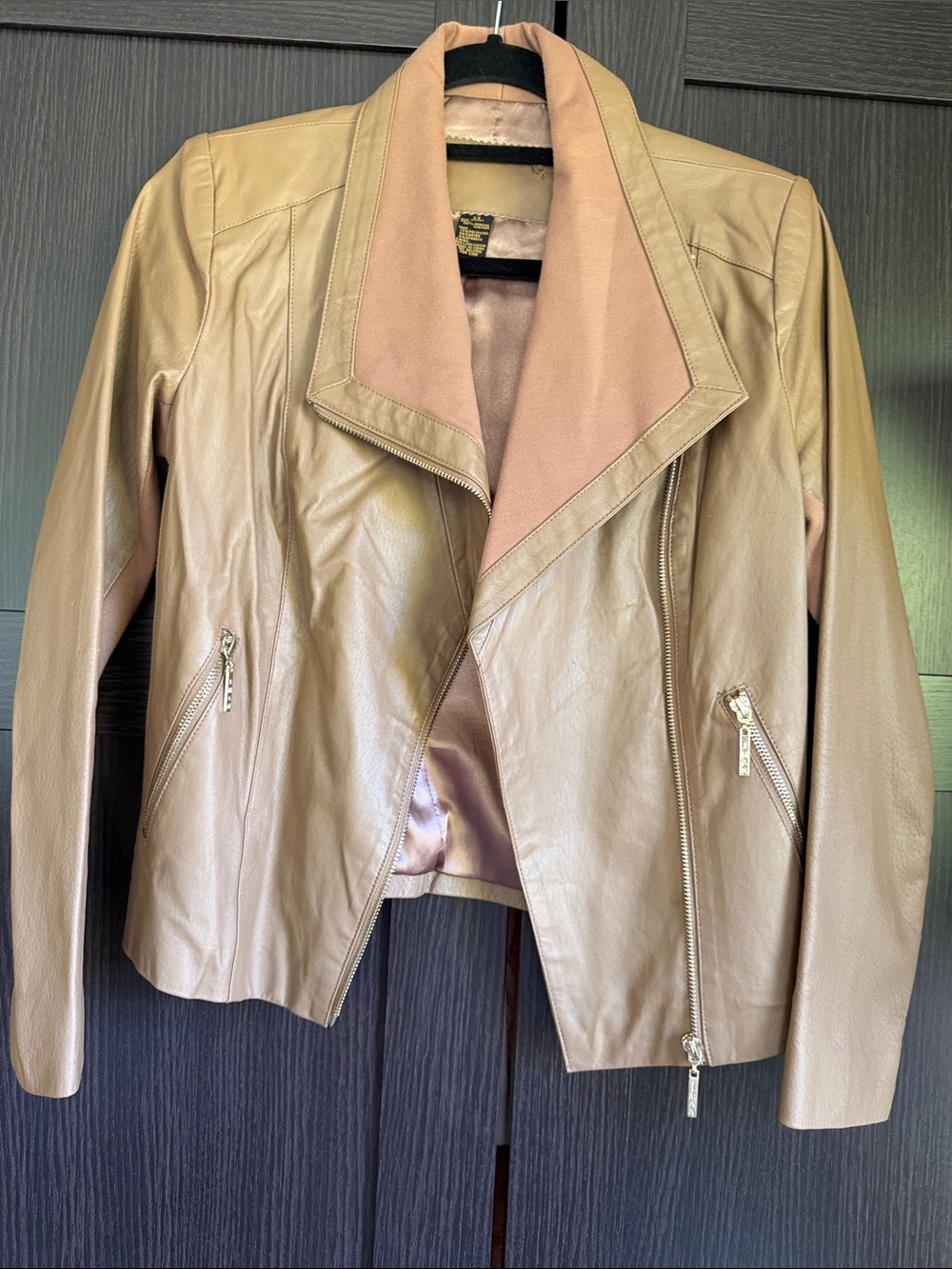 IMAN Light Taupe Leather Open-Front Jacket with Draped Collar